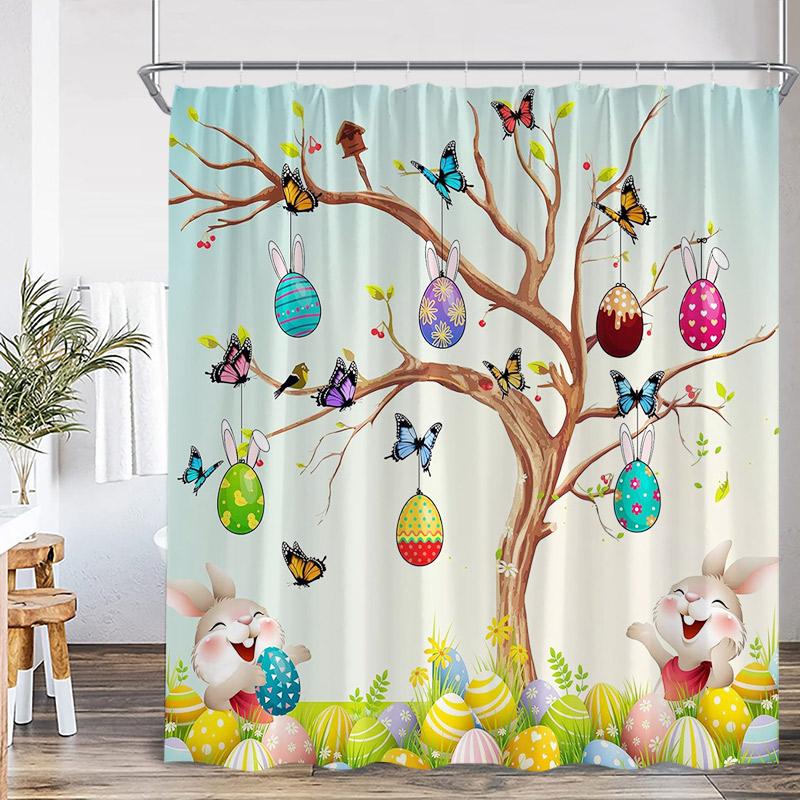 

Shower Curtain, Easter Bunny Egg Waterproof Polyester Bathroom Curtain With Hooks, Spring Rabbit Dog Holiday Decor Bath Curtain W60H190(CM)-1 Pcs