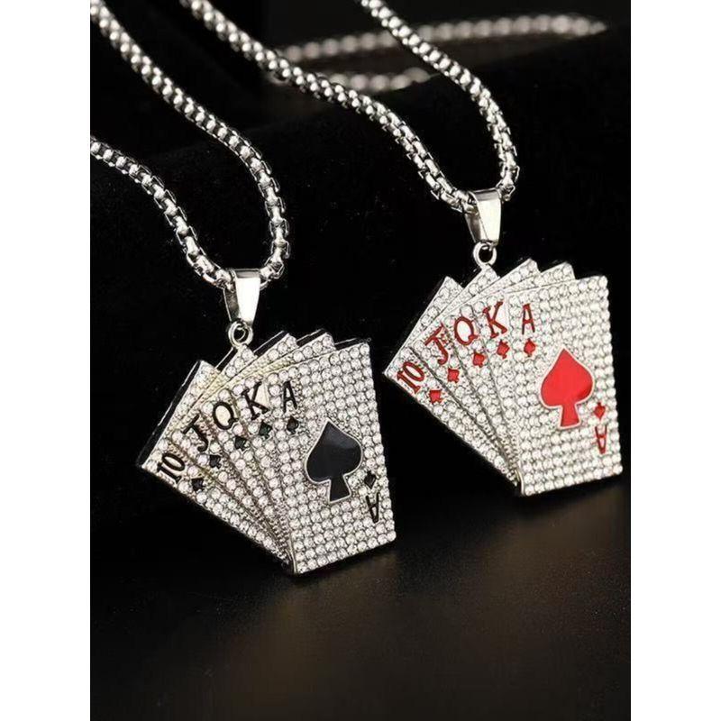 European and American Fashion Hip-hop Retro Poker Necklace Men's Personality Couple Diamond-Embedded Flush Pendant Sweater Chain Jewelry