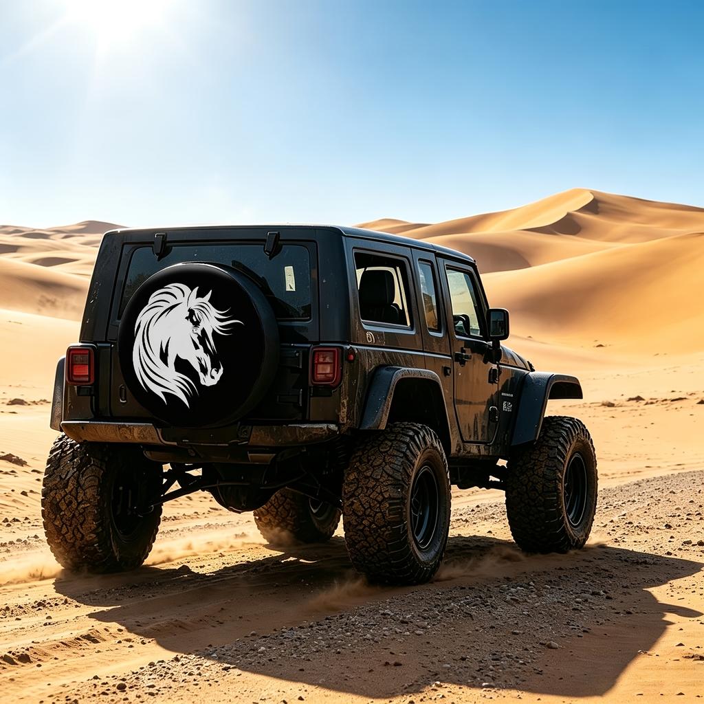 1pc Pattern Print Car Tire Cover | Black and White Galloping Horse Head Silhouette - Fits SUVs, Off-Road, Touring, and Sedans, Universal Multi-Model V