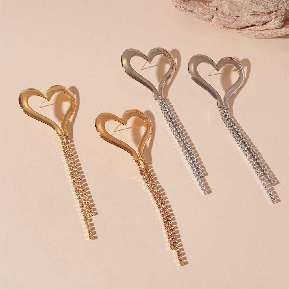 Temperament Heart Earrings Rhinestone Drop Earrings Fashion Long Tassel Earrings  Wedding