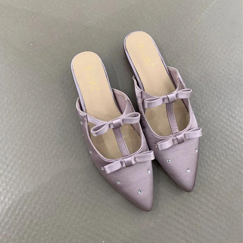 Gentle Fairy Bag Head Half Slippers Spring Fashion French Temperament Elegant Satin Bow Pointed Wedge Slippers