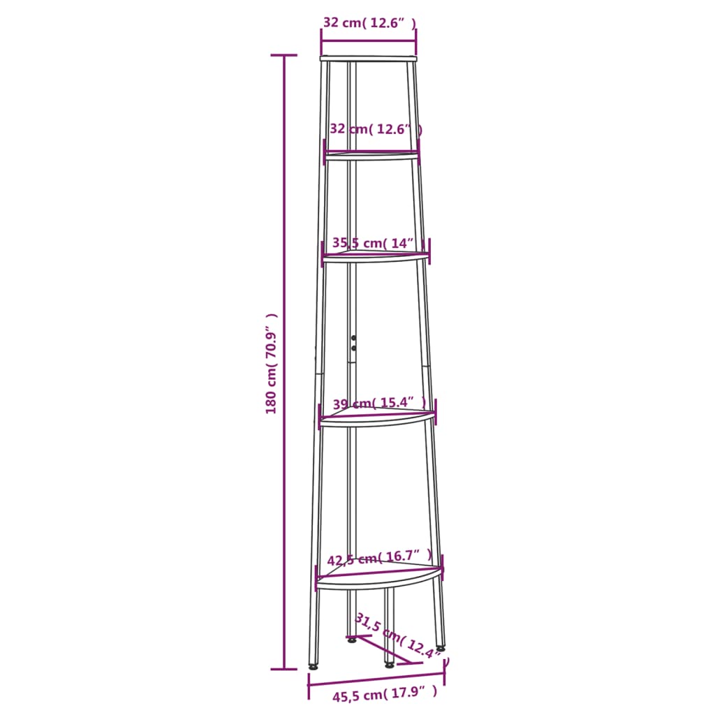 Corner Shelf with 5 Shelves Black 45.5 X 31.5 X 180 Cm