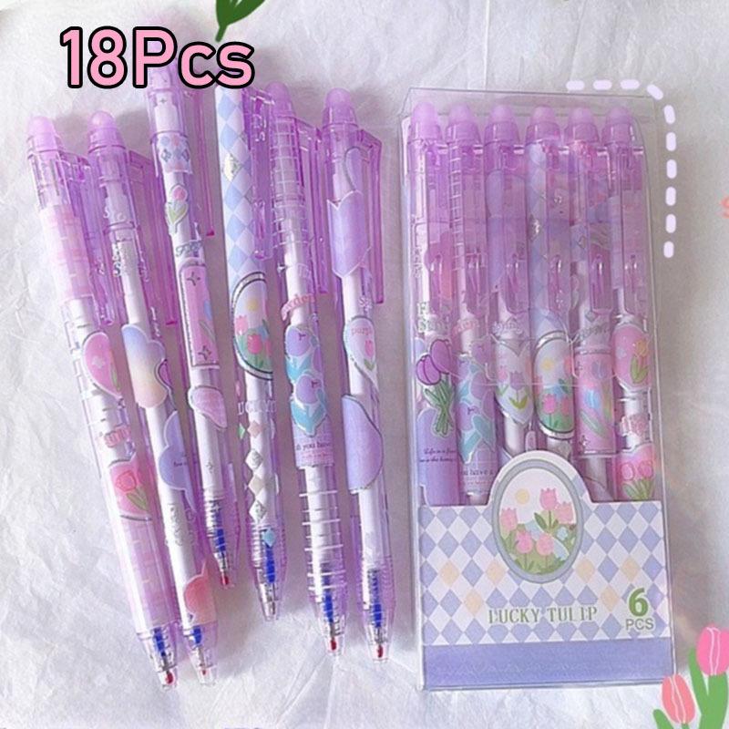 18Pcs Purple Retractable Erasable Pen, Erasable Neutral Pen with Flower Design, Neutral Pen with Tulip Design, Black or Blue Ink, 0.5mm Tip, Suitable 18Pcs