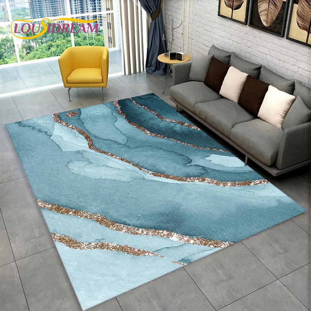 Nordic Blue Golden Colour Marble Geometric Area Rug Carpet Rug for Living Room Bedroom Sofa Doormat Decor Non-slip Floor Mat