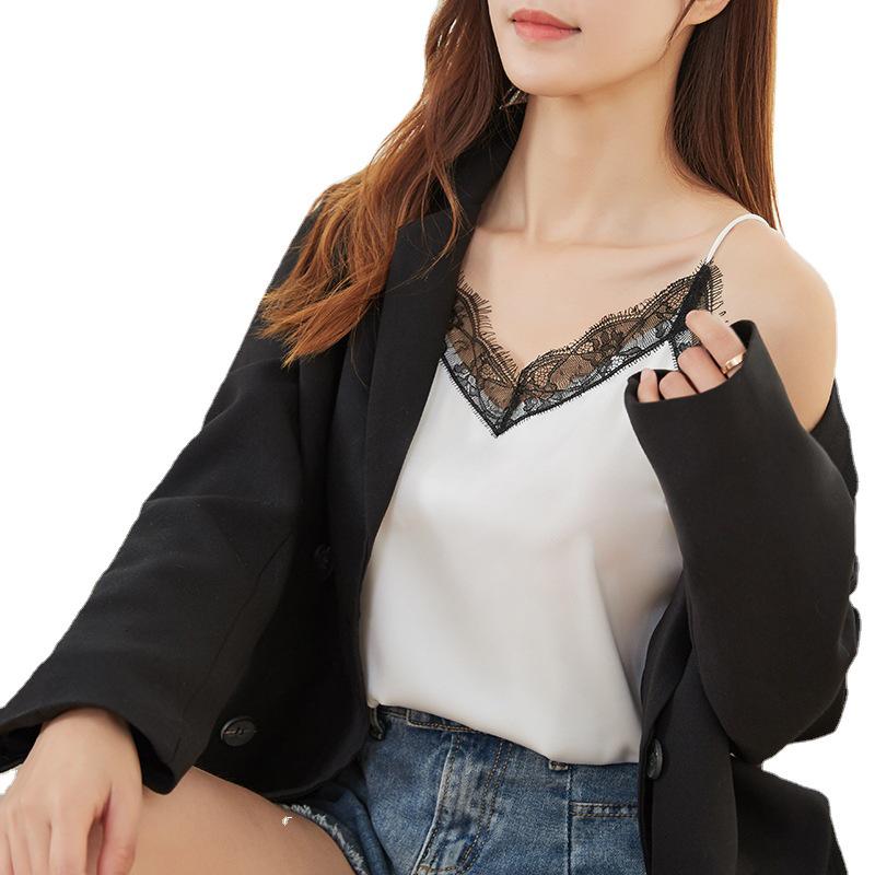 New Spring/Summer Loose Backless Solid Color Silk V-Neck Lace Camisole for Women