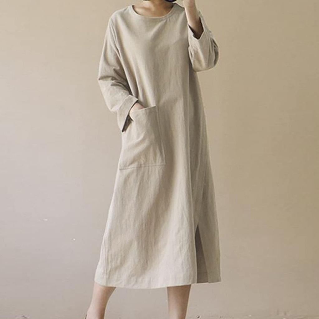 Lässiges, lockeres, langärmeliges Swing-Kleid mit einer Tasche und Rundhalsausschnitt für Damen
