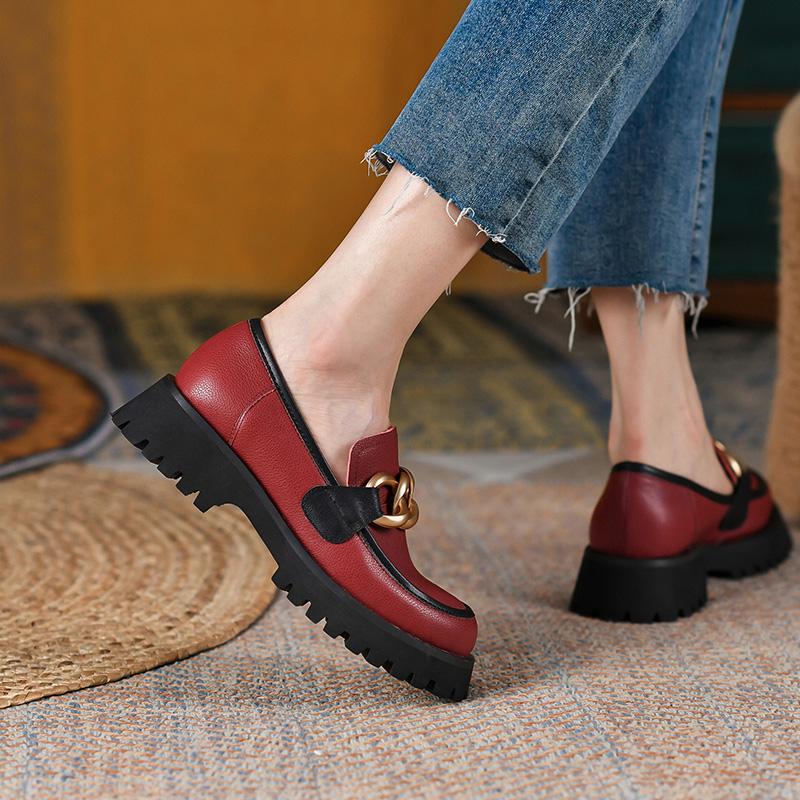 Genuine Leather Slip -On Platform Shoes Casual Loafers Round Toe Shoes Woman Chunky Heel Women Shoes Zapatos De Mujer