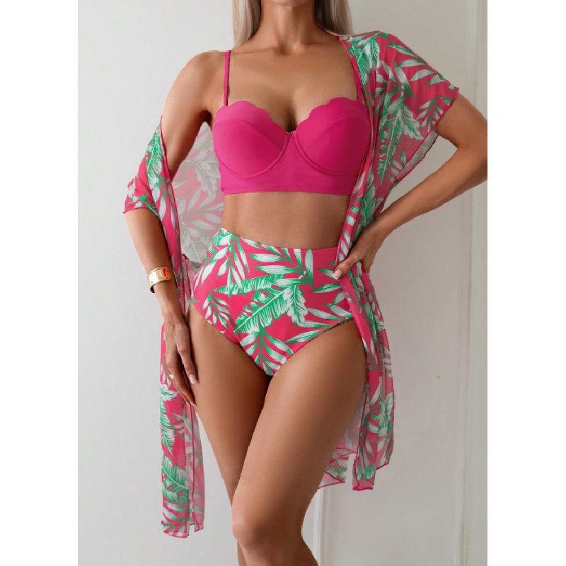 Women Three Piece Swimsuit Set With Leaf Print High Waist Bikini And Sheer Cover Up For Beach Swimming Water Sport Adult Summer Wear