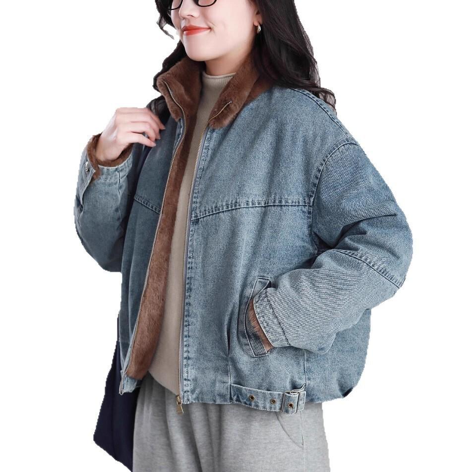 Korean Style Plush Lined Denim Jacket with Stand Collar - Thick, Warm, and Casual Winter Wear