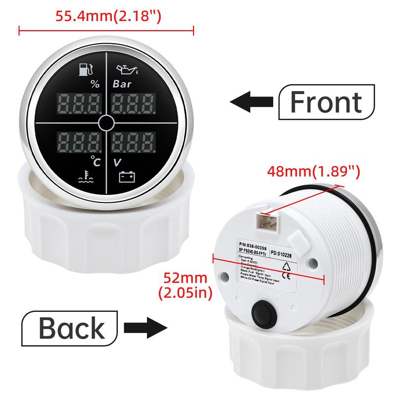 8 Colors Backlight Digital 52mm Car 4 In 1 Multifunction Gauge with Fuel Level Oil Pressure Water Temp Voltmeter Temp Sensor