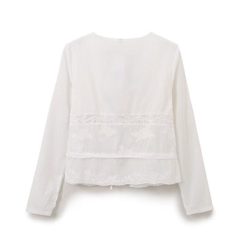 Fashion Style 2024 Autumn New Women's Clothing Easiest for Match Cotton Comfortable Long Sleeve White V-neck Shirt 0881046