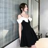 One-word shoulder suspender dress women's summer new small French pure desire wind waist short small black dress