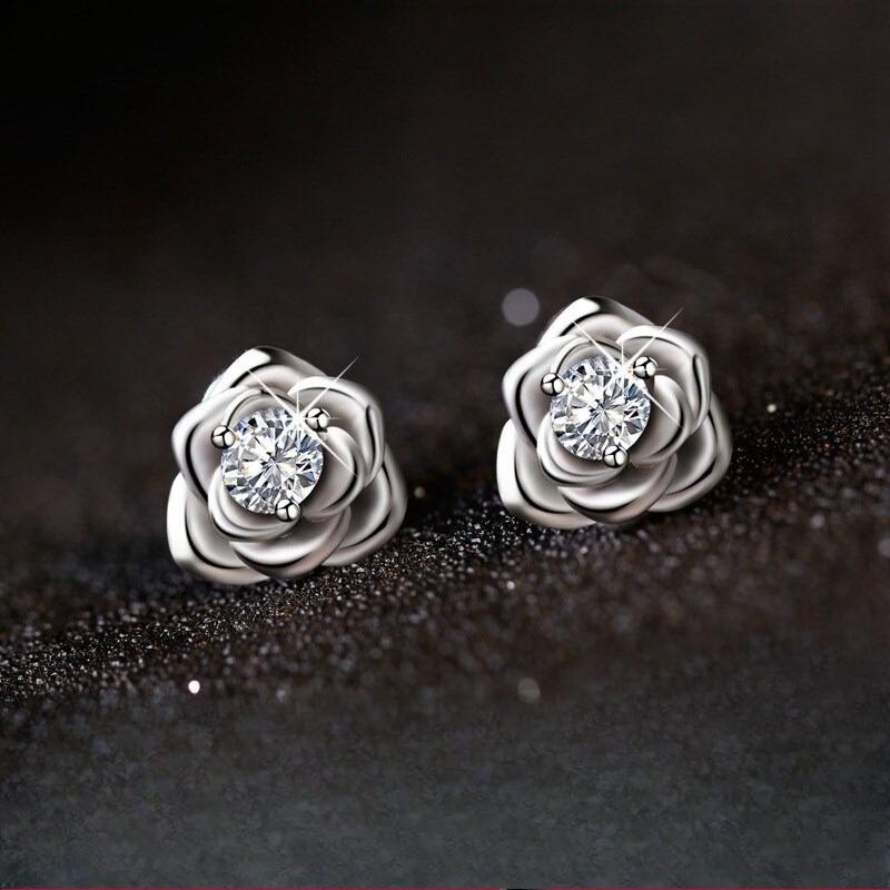 925 Silver Earrings Rose Flower for Women Sterling-Silver Wedding Jewelry Elegant Female Accessories Fashion 5A ZirconGift