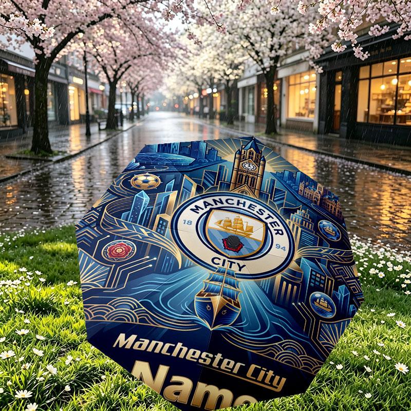 Custom Name Personalized Manchester City Print Umbrella, Auto Open Close, 8‑Rib Sturdy Frame, Commute Camping Hiking Use, Birthday Gift