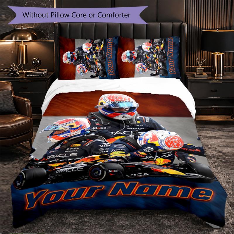 Max Verstappen Benutzerdefinierter Name Text Bettwäsche-Set, 1 Bettbezug & 2 Kissenbezüge Personalisierte Schlafzimmer-Geschenk