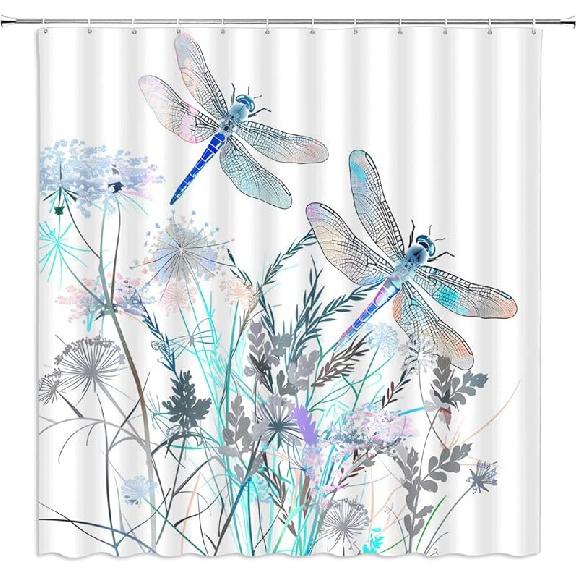 Dragonfly Floral Shower Curtain Wildflower Dragonflies Flower Blooms Branch Leaves Sage Spring Summer Botanical Vintage Abstract Fabric Bathroom