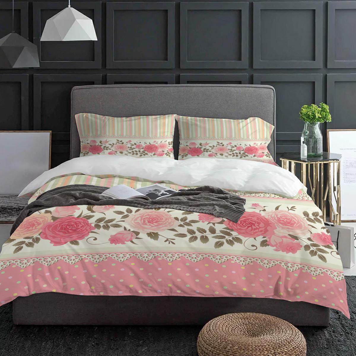 

Rose Flower Pink Stripe Bedding Set 3pcs Boys Girls Duvet Cover Pillowcase Kids Adult Quilt Cover Double Bed Set Home Textile (135x200cm)