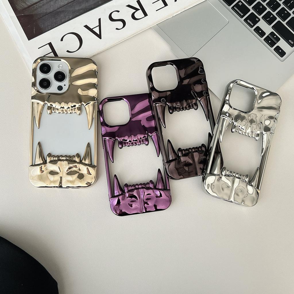3D Canine Tooth Hollow Dissipate Heat Phone Case For iPhone 16 15 14 13 12 11 Pro Max Shockproof Electroplated Soft Cover