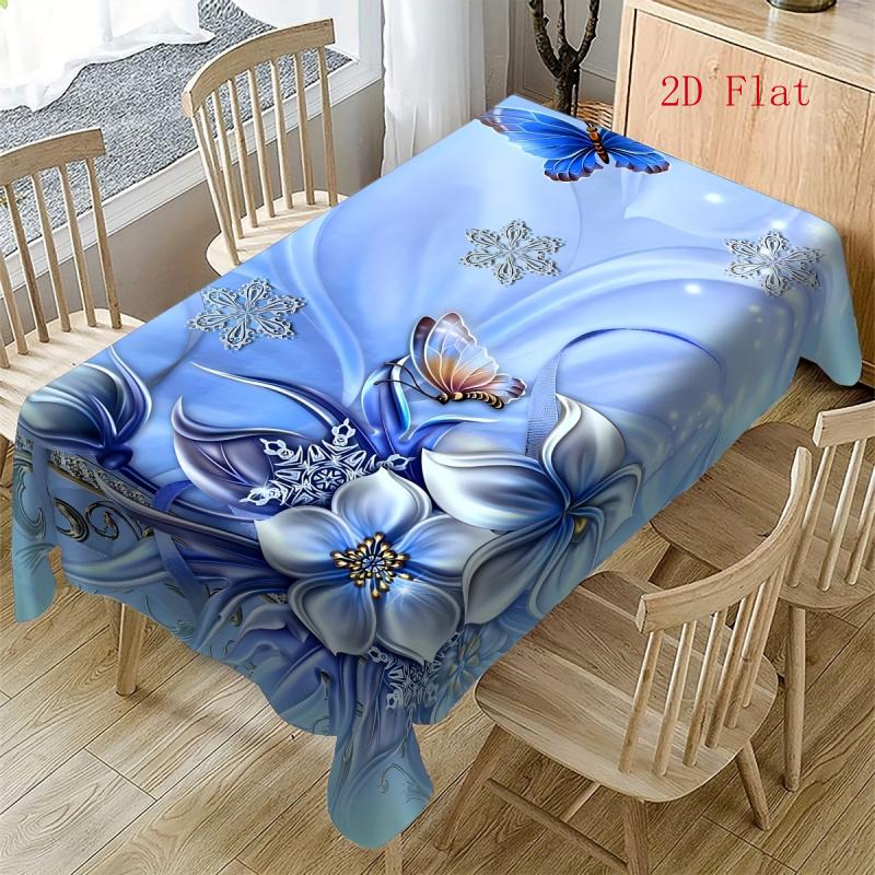 2D Flat 1pc - Blue Vintage Floral Design Decorative Tablecloth, Elegant And Dreamy Style Theme, Blue Flowers, Blue Butterflies, Snowflake Print, Table