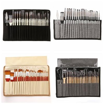 24 Stück/Set Holzgriffe Acryl-Pinsel Set Bunt mit Stoff-Rollkoffer Ölmalerei Pinsel Nylonhaar Schrubb-Schaber