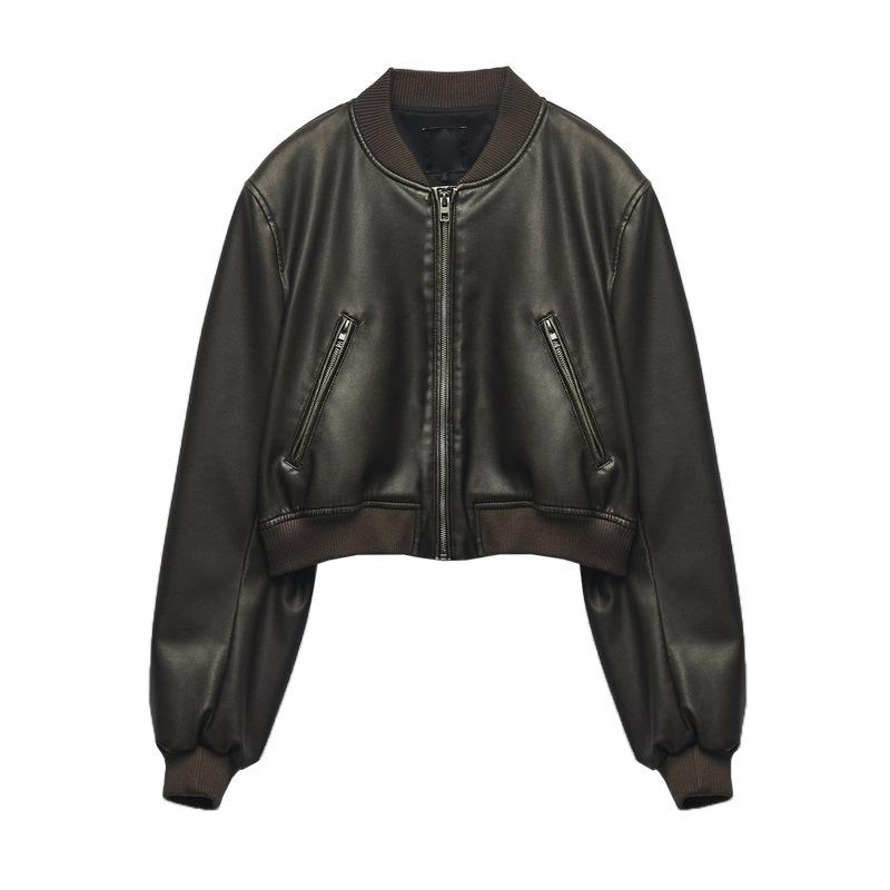 Women's Vintage Imitation Leather Bomber Jacket Coat Women's Style