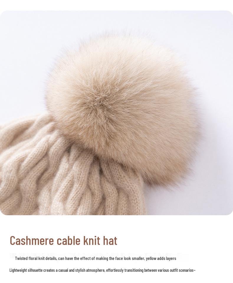 Women's 100% Cashmere Pompom Hat - Versatile, Solid Color, Folded Brim with Warm Ear Protection