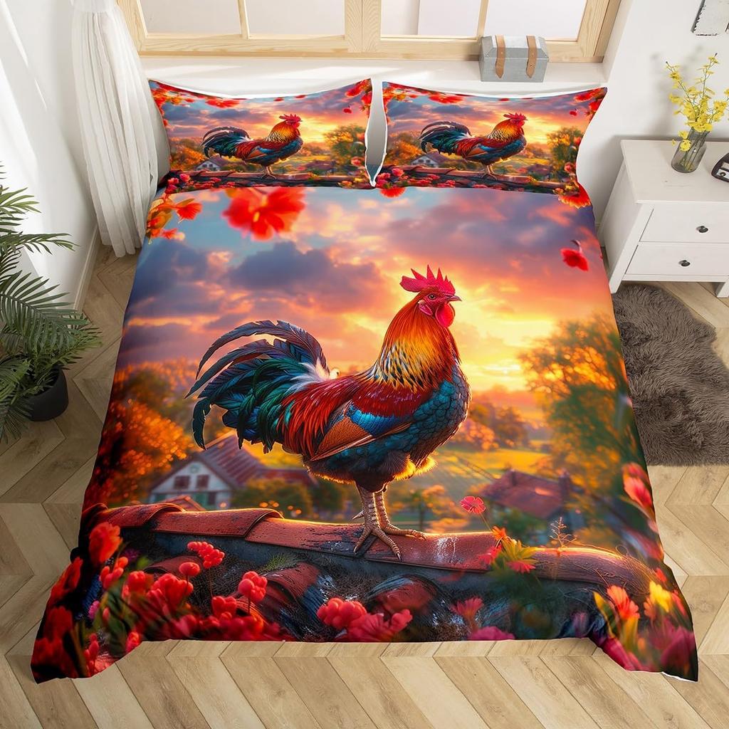 Rooster Duvet Cover Set Twin King Size,Watercolor Chicken Farmhouse Animal Bedding Set For Kids Boys Girls Floral Quilt Cover