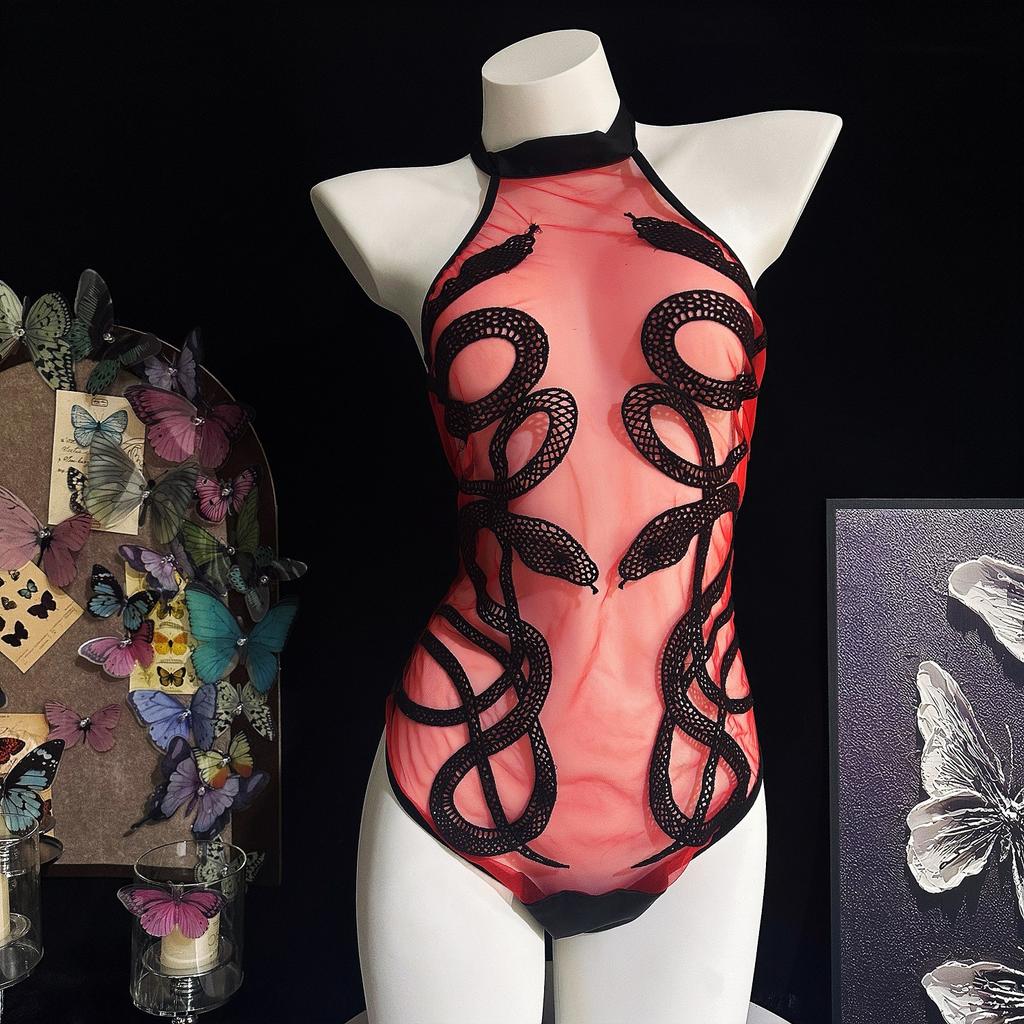 Sexy Sheer New Sexy Mesh Snake Embroidery Lace Jumpsuit Ultra-thin Sexy Sleepwear For Women Rompers Clothing Body Suits FC9B