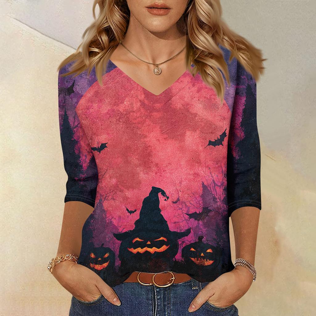 Women's Halloween Print V Neck Top 3/4 Sleeve Casual Shirt Lightweight Comfortable Fit Suitable for Seasonal Wear