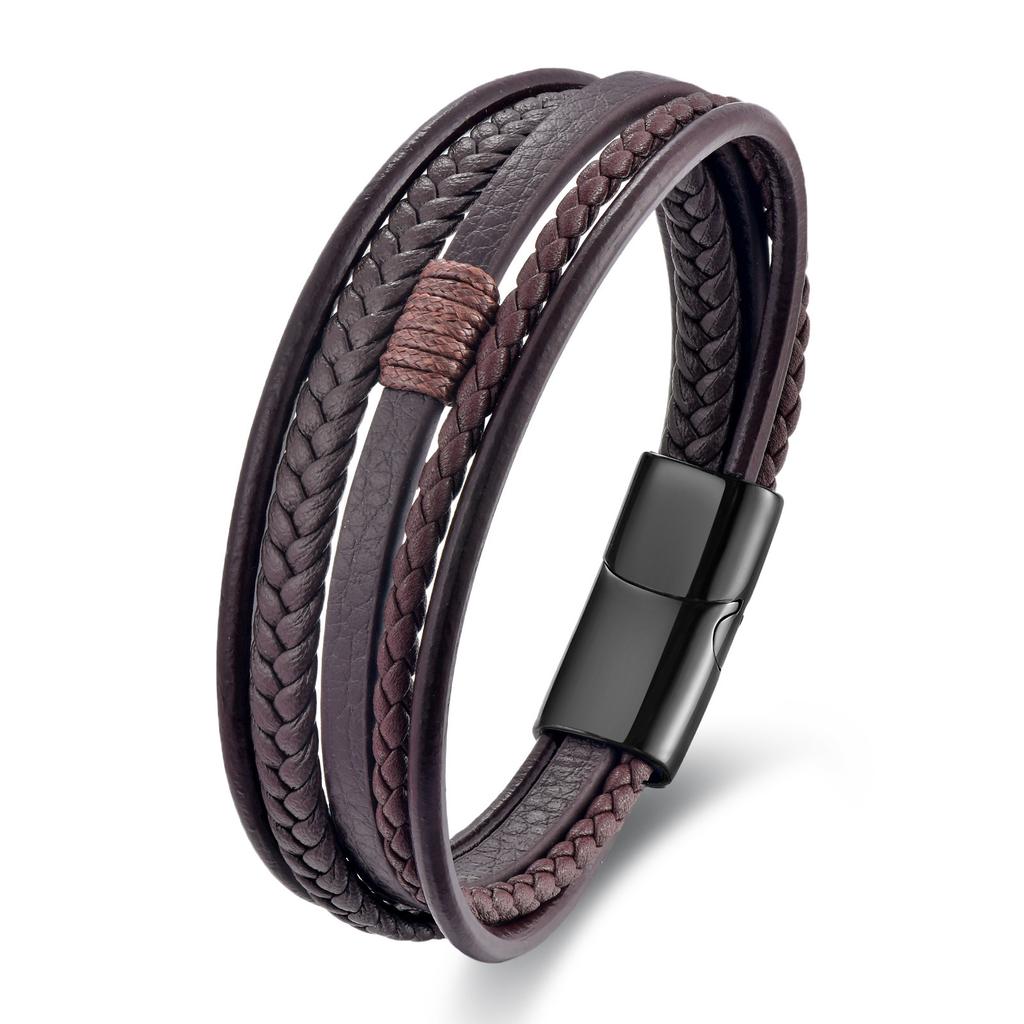 Men's Black Leather Bracelet Stainless Steel Double Layer Braided Wristband Fashion Handmade Cowhide Rope Jewelry Accessories