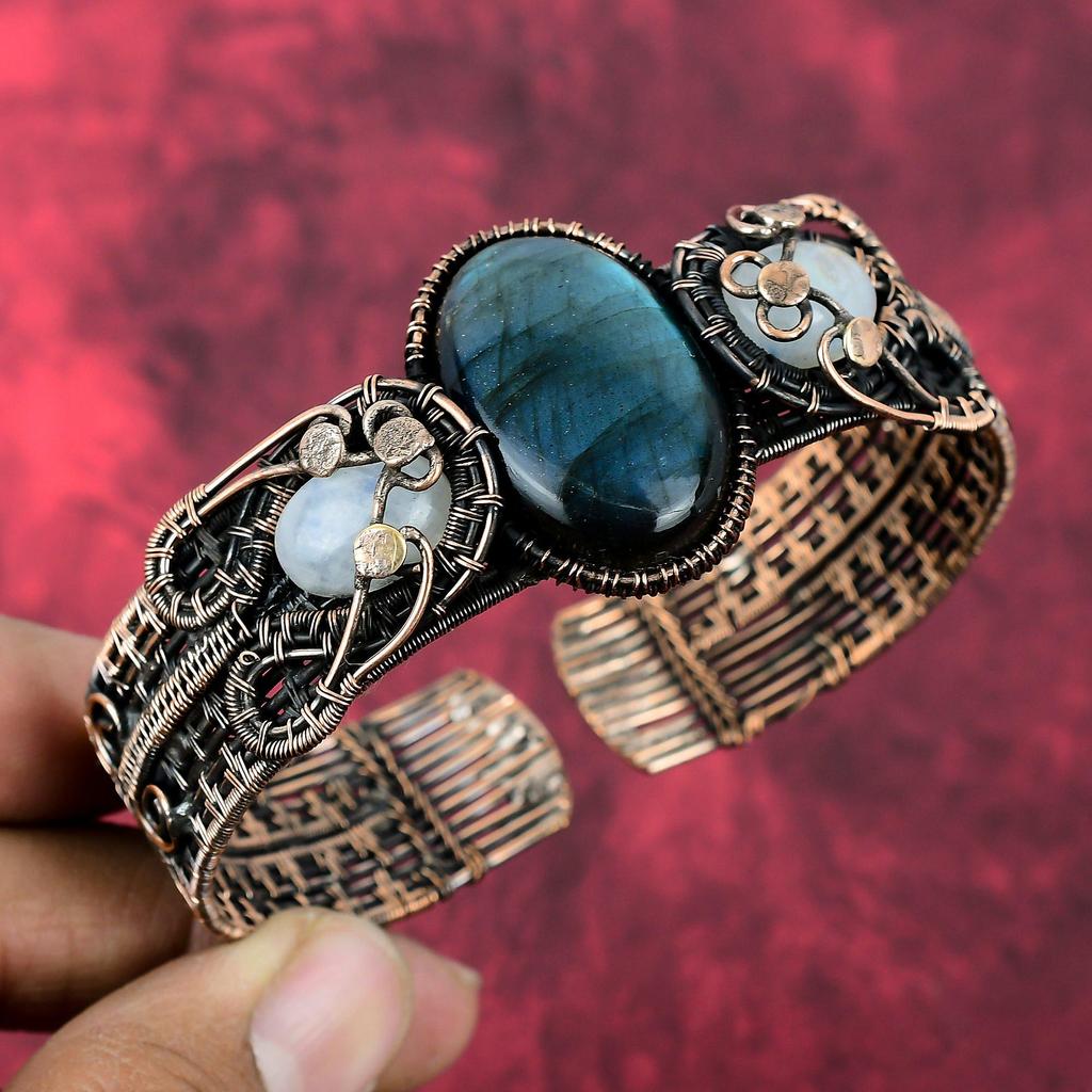 Βραχιόλι Λαβραδορίτη Χάλκινο Καλώδιο Τυλιγμένο Ρυθμιζόμενο Βραχιόλι Μανσέτα Βραχιόλι Φεγγαρόπετρα Ουράνιου Τόξου Χειροποίητο Βραχιόλι με Πολύτιμους Λίθους Χάλκινο Κόσμημα Για Δώρα