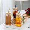 Six Color Square Glass Cup High Borosilicate Transparent Milk Cup Colored Handle Juice Beverage Cup Square Household Straw Water Cup