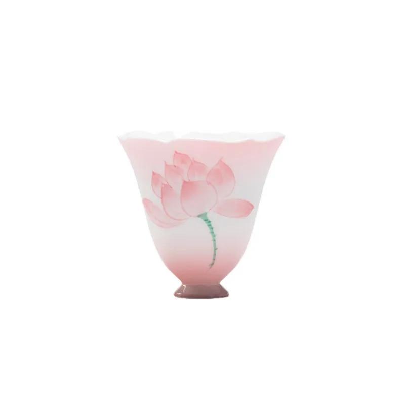 Pink Hand-Painted Lotus Ceramic Tea Cup - Flared Rim Zen Tea Bowl for Kung Fu Ceremony, Floral Design High-Stem Sipping Cup