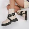 Western Trendy Big Head Cross Belt Buckle Chimney Boots Round Toe Platform Block Heel Booties
