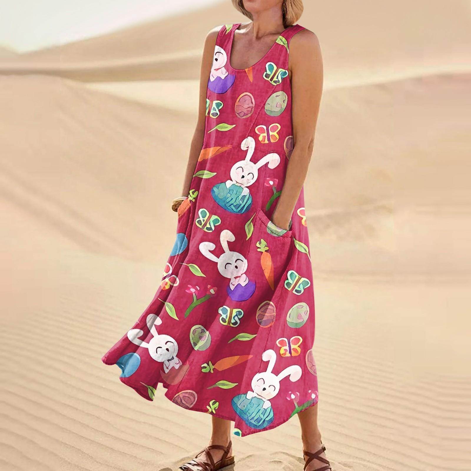 Женское летнее повседневное модное пасхальное платье без рукавов с круглым вырезом — фото 10