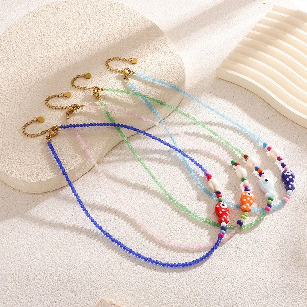 Bohemia Fish Pendant Necklace Colorful Beads Chain Choker Vintage Mini Fish Necklace  Vacation