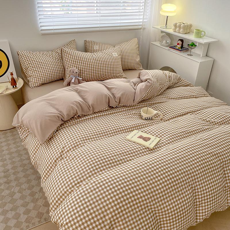 Simple Pure Cotton Four-piece Set Plaid Pure Cotton Bed Sheet Quilt Cover Bed Sheet Type Pure Cotton Dormitory Three-piece Set