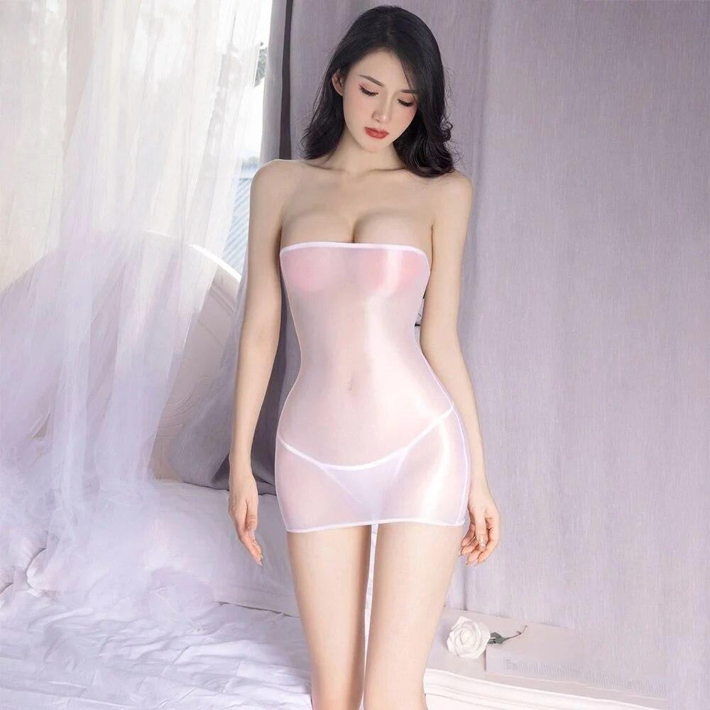 Sexy Oil Lesklý Shin Průhledné Micro Mini šaty Průhledné Bodycon Sexy přiléhavé tužka Roztomilé šaty Šaty s hladkým elastickým obvazem