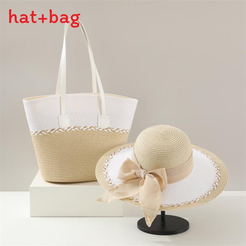 Woven Sun Hat And Large Capacity Straw Tote With Striped Pattern For Travel And Casual Wear