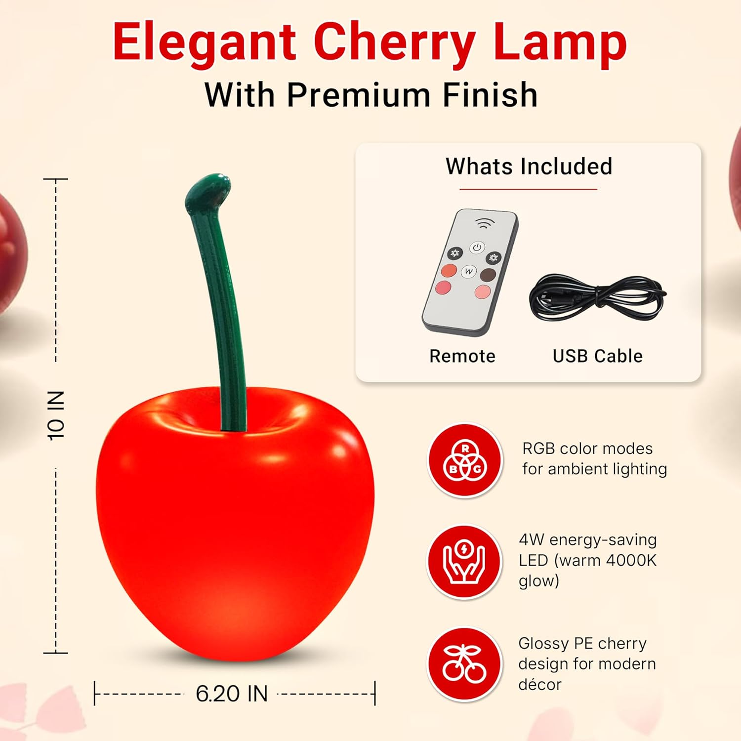 

Светодиодная лампа Cherry – Современная красная настольная лампа для спальни, прикроватной тумбочки или гостиной United States