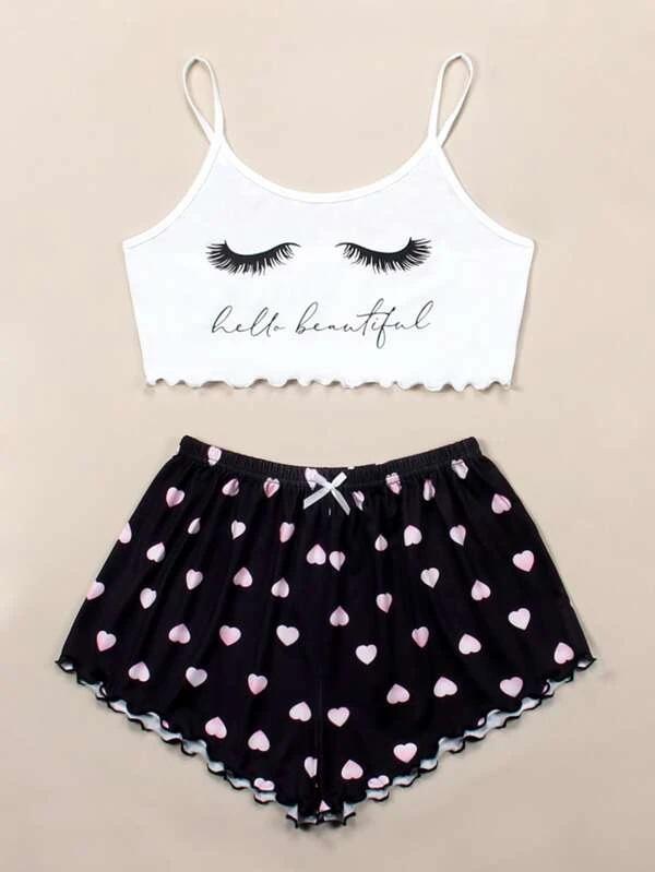 Set de pijamale cu maiou și pantaloni scurți, stil european și american, pentru vară: Pijama Casual Drăguță cu Imprimeu pentru Femei