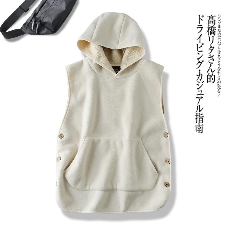 Lady Thermal Vest Women Side Button Closure Fleece Hooded Vest Solid Color Front Pocket Casual Top For Fall Winter