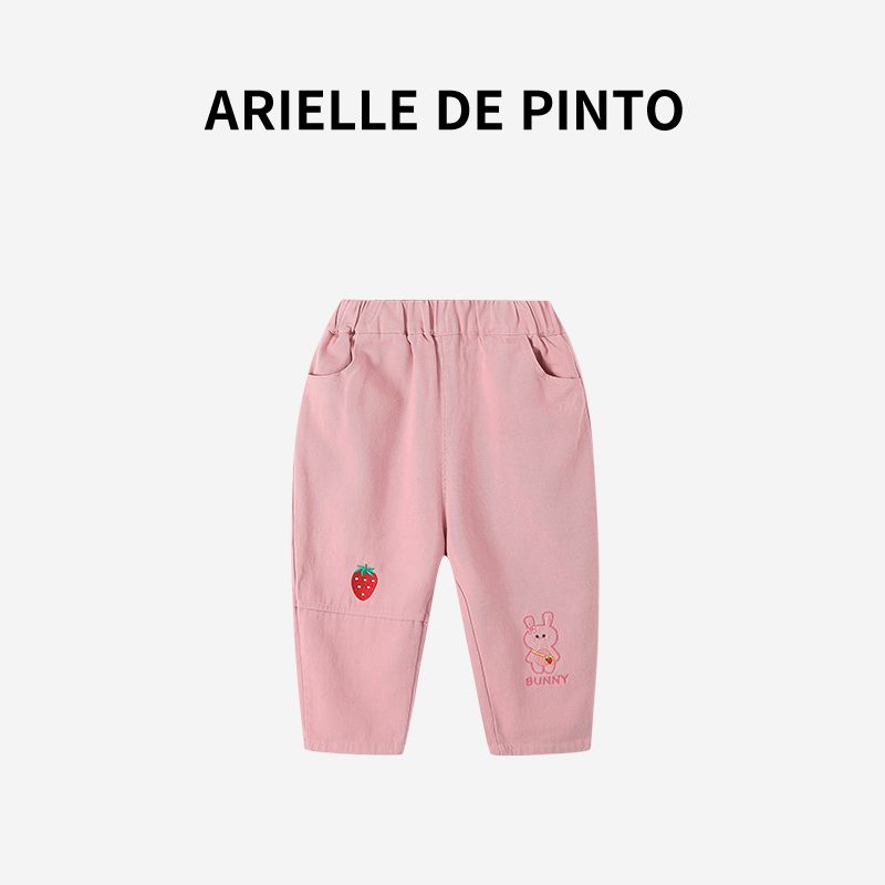 French Arielle De Pinto Girls  Strawberry Rabbit Casual Pants Autumn Fashion Children s Embroidered Pants Pink 130