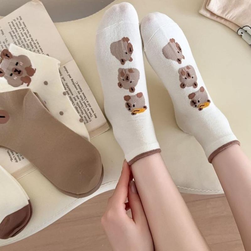 Ladies Spring and Summer Thin Style All with Bear Cartoon Cute Student Low Top Short Boat Socks