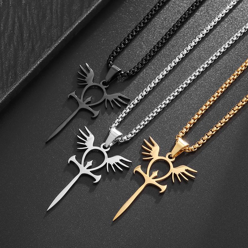 Stainless Steel Glossy Ankh Angel Wings Sword Pendant Necklace for Men Medieval Classic Mythical Amulet Jewelry Gift