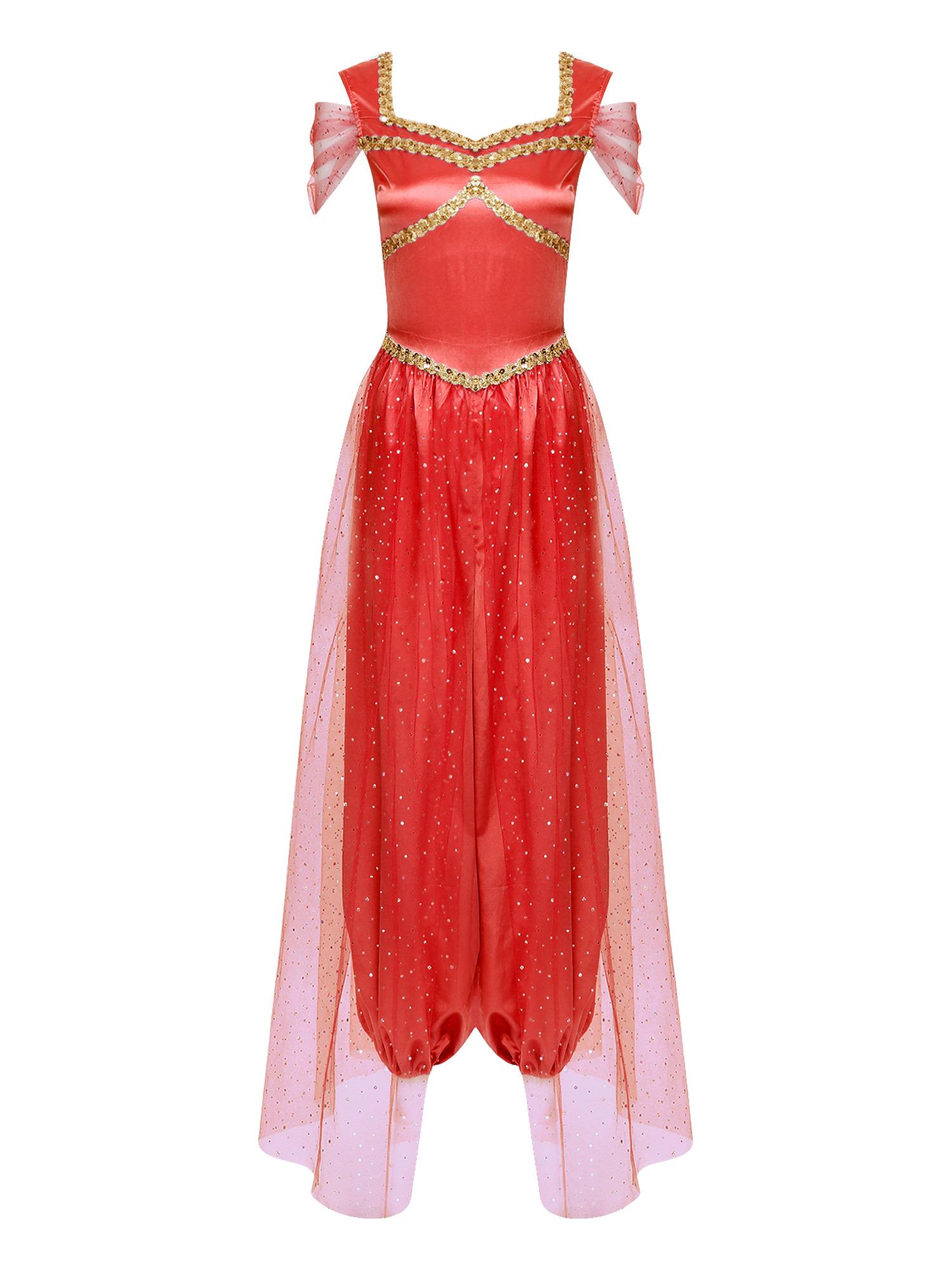 

Womens Belly Dance Jumpsuit Sequin Trim Pumpkin Pants Tulle Overlay One Piece Romper Halloween Arabic Cosplay Party S бордовий
