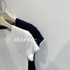 Navy Blue Lace Trim Slim Fit Korean Style Ribbed Stretch Tee, Straight Shoulder Summer T-Shirt