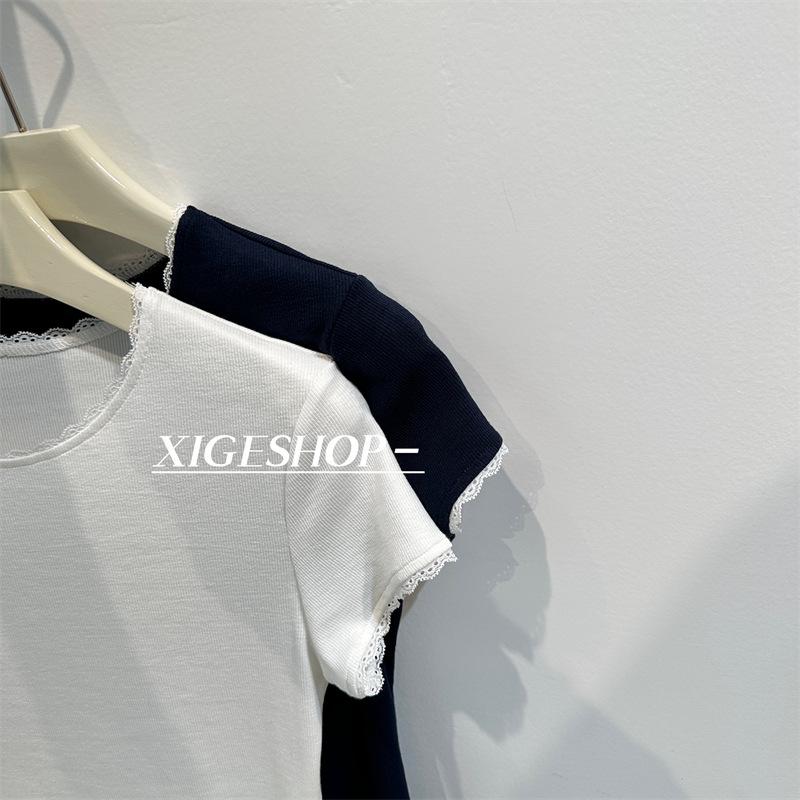 Navy Blue Lace Trim Slim Fit Korean Style Ribbed Stretch Tee, Straight Shoulder Summer T-Shirt