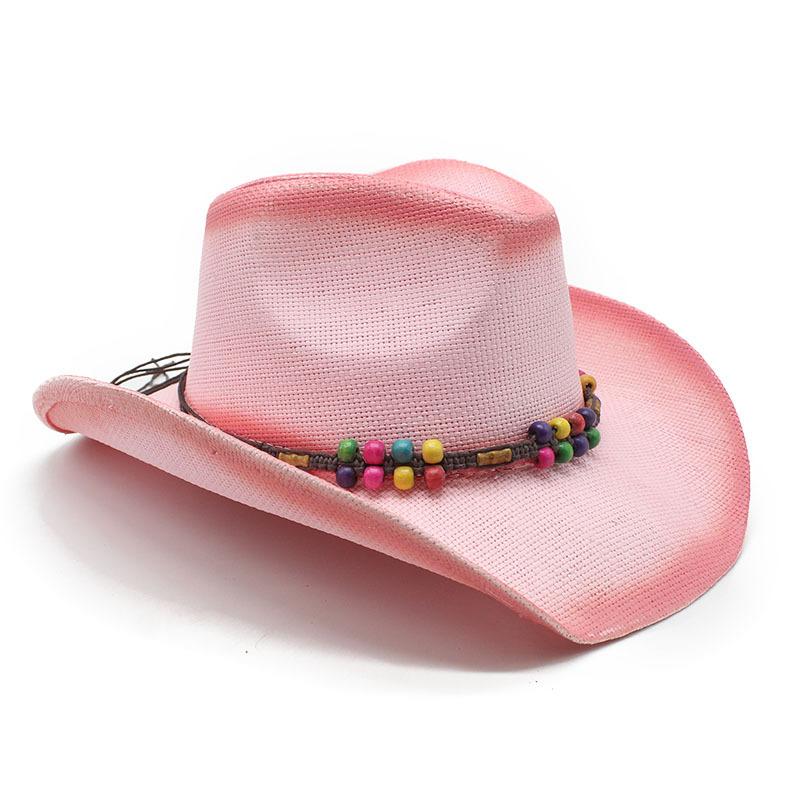 Pink Spray Paint Colored Wood Bead Straw Hat Ethnic Style Handmade Sun Hat Rolled Brim Warped Edge Western Denim Straw Hat