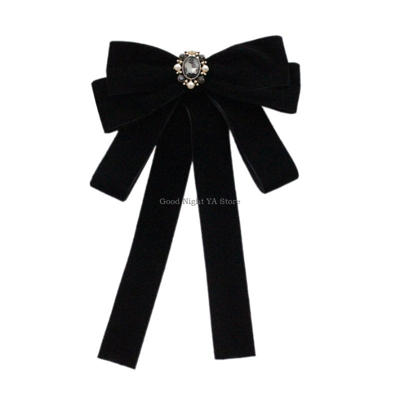 Luxurious Velvets Bows Tie For Women Sparkling Crystal Pearls Pre Tied Bows Clip